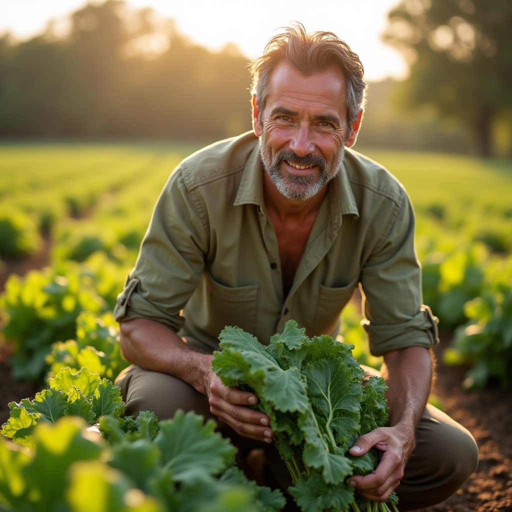 Agricoltore locale che raccoglie verdure fresche nel campo