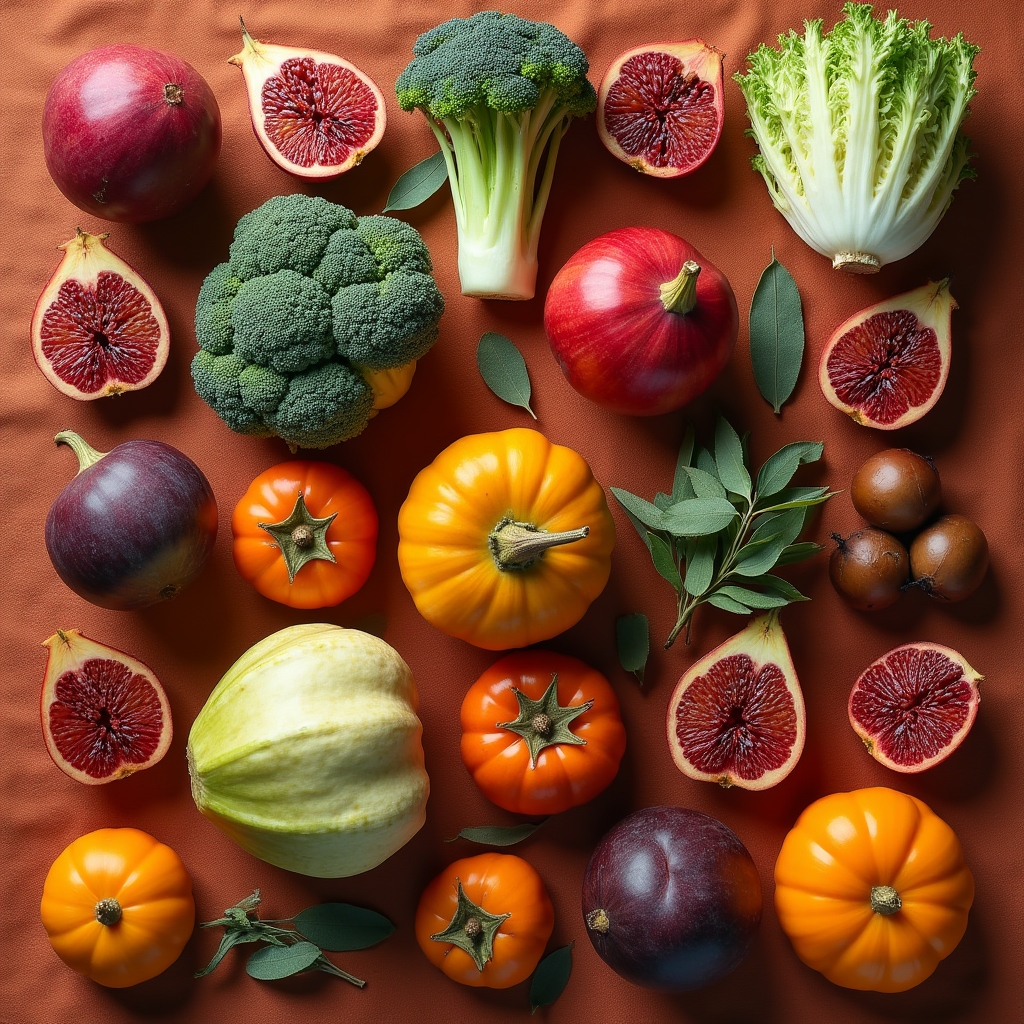 Varietà di ortaggi stagionali disposti in modo colorato su superficie rustica